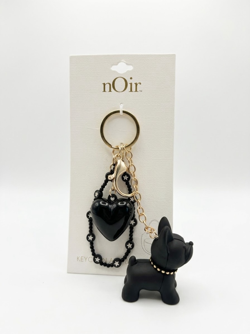 nOir Jewelry Black Heart & Bulldog Charm Keychain with Gold Hardware